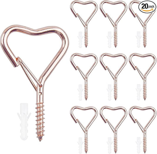 Lamp Wire Hook,Heart-Shaped Screw-in Wall Hooks for Outdoor Decor, Champagne Metal, Key Hook,Decorative Plant Hanging,Clothes Hook (Rose Gold, 10Pcs)