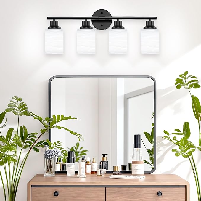 4-Light Matte Black Vanity Lights for Mirror, Bathroom Light Fixtures with Milky White Frosted Striped Glass Shade, Modern Kitchen Light Fixtures Wall Sconce Light - E26 Base