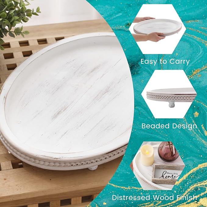 Wooden Tray,Oval Decorative Tray for Coffee Table Kitchen Dinning Table Entryway, Small Beaded Tray for Holidays, Farmhouse Centerpiece Decor Weathered White