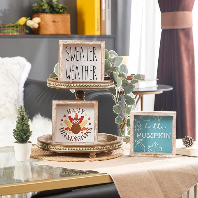 Embossed Hello Pumpkin Sign, Rustic Fall Decorations for Home, Thanksgiving Centerpieces for Table Cubicle Desk Mantel Fireplace, Autumn Tiered Tray Decor