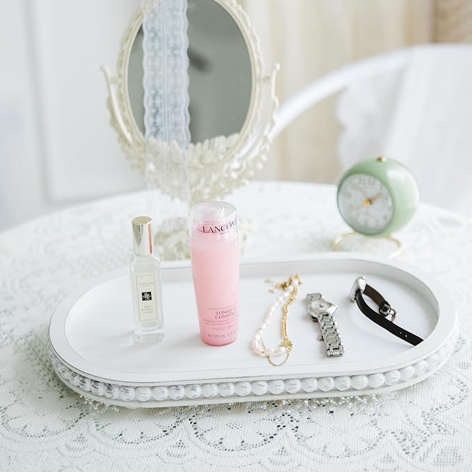 HPC Decor 15in Oval Wooden Tray - White Beaded Serving Tray, Rustic Farmhouse Vintage Centerpiece, Kitchen & Living Room Decor