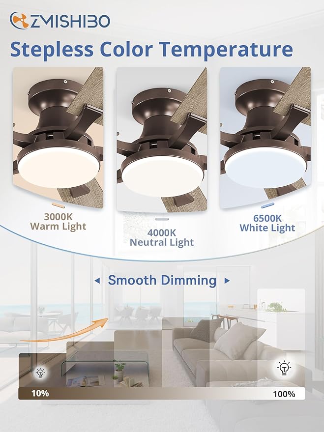 ZMISHIBO 52 Inch Ceiling Fan with Light, App&Remote Control, Flush Mount Low Profile, Dimmable 20W LED Light, Quiet Reversible Motor for Bedroom, Living Room, Apartment, Brown