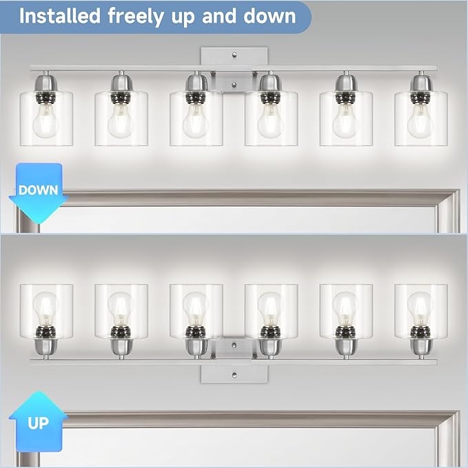 Brushed Nickel Vanity Light, 6 Light Bathroom Lighting Fixtures Over Mirror with Clear Glass, 38 inch Bathroom Light for Oversized Mirrors, E26 Socket