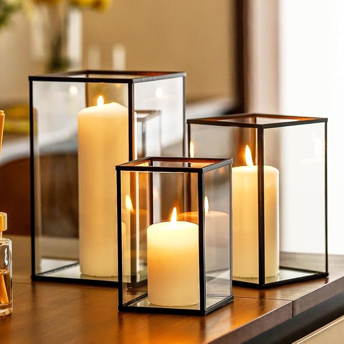 yshengood Hurricane Candle Holder 6 PCS, Black Glass Candle Holder Square Hurricane Candle Centerpieces for Tables Decorativ, Wedding, Thankgiving