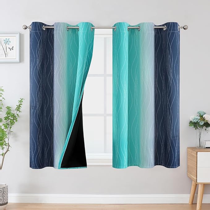 Estelar Textiler Navy Blue and Teal Ombre Blackout Curtains 54 Inch Length 2 Panels, Full Room Darkening Gradient Drapes for Kitchen, Thermal Insulated Grommet Short Curtains for Bedroom,42Wx54L