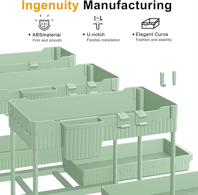 3 Pack Under Sink Organizers, 2-Tier Multi-Use Kitchen and Bathroom Organizers and Storage with Sliding Drawers,Bathroom Cabinet Organizer (Green, 12.8 Inch)