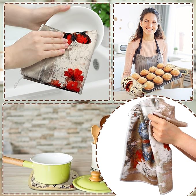 10 Pcs Butterfly Kitchen Decor Sets, 4 Butterfly Kitchen Dish Towels 2 Pot Holders 2 Oven Mitts Glove Non Slip Rugs and Mats for Floor Home Decorations Accessories Christmas Farmhouse Gifts