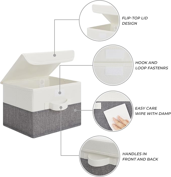 GRANNY SAYS Small Storage Bins with Lids, Small Storage Boxes, Shelf Baskets for Shelf, Collapsible Storage Bins for Living Room, Bedroom, 10x8x7 Inch, White/Gray, 2-Pack
