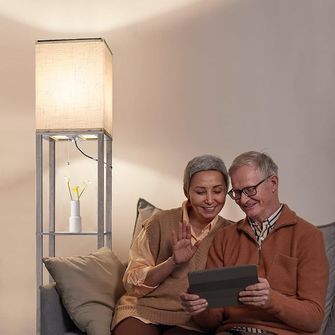 Floor Lamp with Shelves,Wood Corner Floor Lamps for Living Room Tables with 3 CCT LED Bulb,Modern Display Bookshelf Nightstand Lamps,Column Standing Lamp for Bedroom Office Home Decor-Rustic Wood