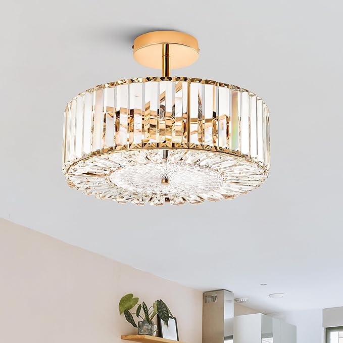 VONLUCE Crystal Light Fixture, Modern Semi Flush Mount Ceiling Light, 15" Round 4-Light Crystal Chandelier Hallway Lighting for Kitchen Bedroom Living Room Dining Room Entryway Closet, Gold