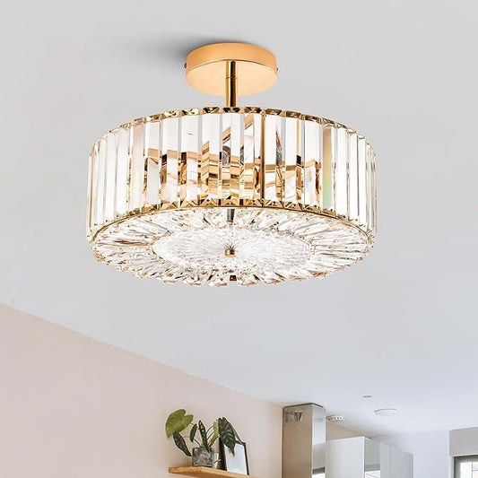VONLUCE Crystal Light Fixture, Modern Semi Flush Mount Ceiling Light, 15" Round 4-Light Crystal Chandelier Hallway Lighting for Kitchen Bedroom Living Room Dining Room Entryway Closet, Gold