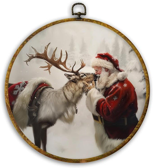 CUANFDDSF Christmas Santa Reindeer Round Wall Art Decor, Rustic Winter Reindeer Santa Claus Holiday Wall Hanging Frame Decor, Winter Christmas Canvas Prints Decorations for Home Bedroom, 10x10 Inch