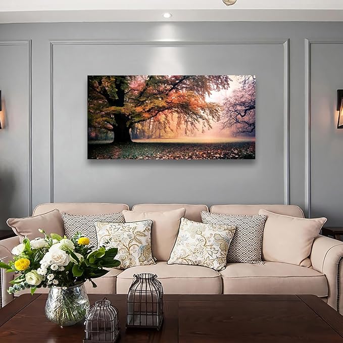 Tree of Life Wall Art Canvas Prints Natural Landscape Picture Home Decor Colorful Forest Paintings for Living Room Bedroom Bathroom Kitchen Decorations 28x57 Wooden Framed Artwork Easy Hanging