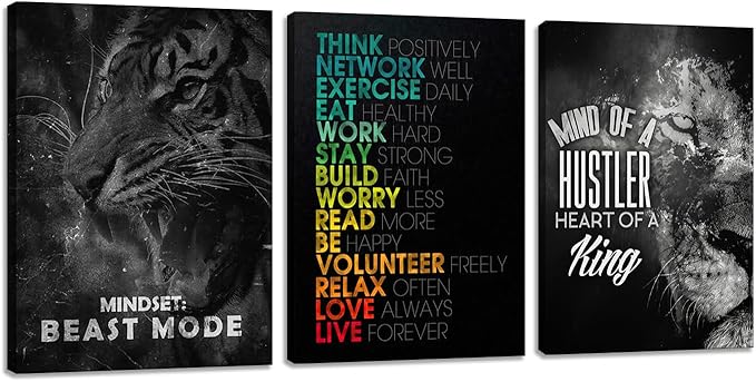 3 Pieces Mindset Wall Decor Posters Room Decor for Men Motivational Tiger Wall Art for Office Inspirational Picture Painting Poster Prints Canvas Wall Art Home Framed Decorations(36" Wx16 H)