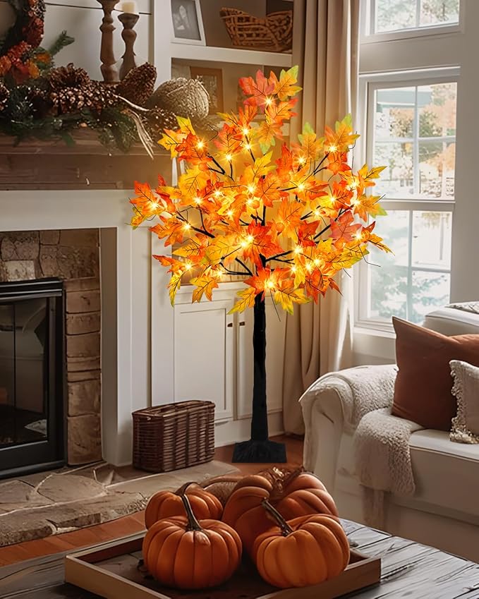 4FT Fall Lighted Maple Trees with 48 LEDs Lights 12 Pumpkins Fake Fall Light Up Tree Artificial Autumn Maple Trees for Indoor Outdoor Thanksgiving Fall Decor