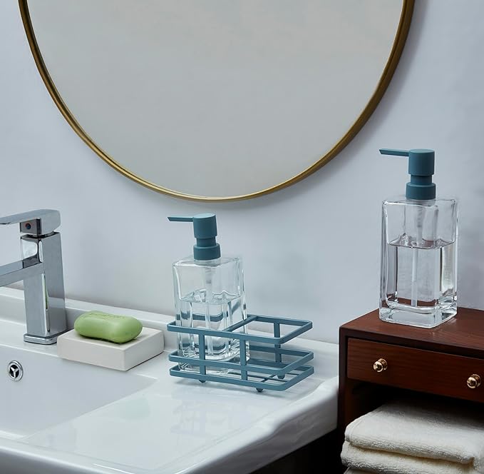 Square 3 Piece Glass Clear Lotion and Soap Pump Dispenser Set with Metal Stand Caddy for Bathroom Bath Kitchen Home Office Travel Hotel Hand Crafted Heavy Weight Spa Blue