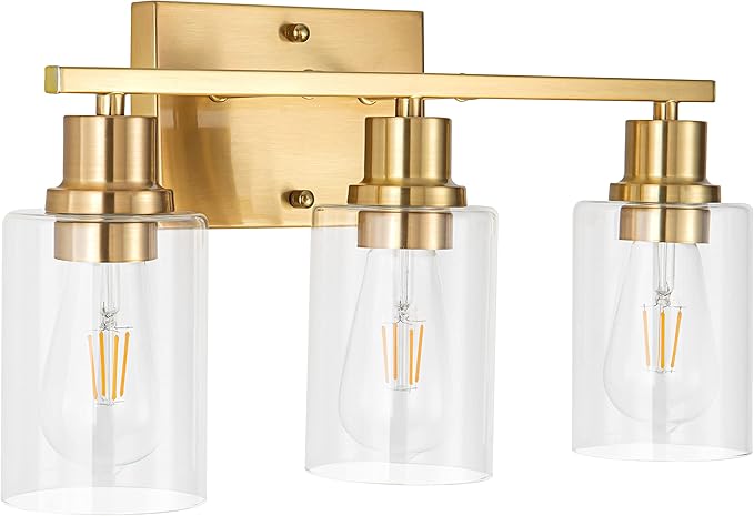 EMONG Gold Bathroom Light Fixtures, 3-Lights Vanity Light with Clear Glass Shade, Brushed Brass Wall Sconce for Hallway, Farmhouse, Living Room