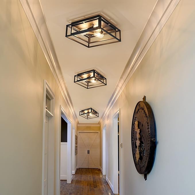 ZGLAOJT Black Flush Mount Ceiling Light Fixture,3-Light Industrial Metal Close to Ceiling Lights,Farmhouse Lighting for Hallway Bedroom Kitchen Dining Room