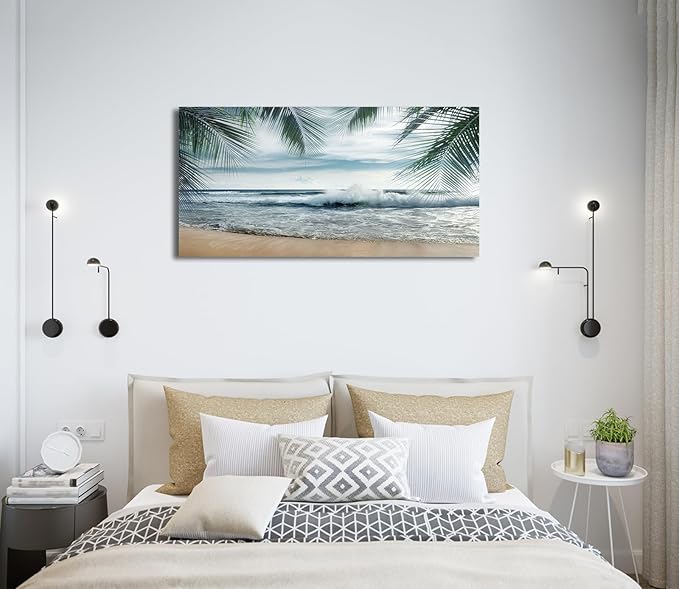 arteWOODS Tropical Beach Canvas Wall Art - Ocean Waves Pictures Coastal Oceanic Blue Sky and Sea Print Seaside Palm Tree Leaves Scene Painting Artwork Living Room Bedroom Office Home Decor 20" x 40"