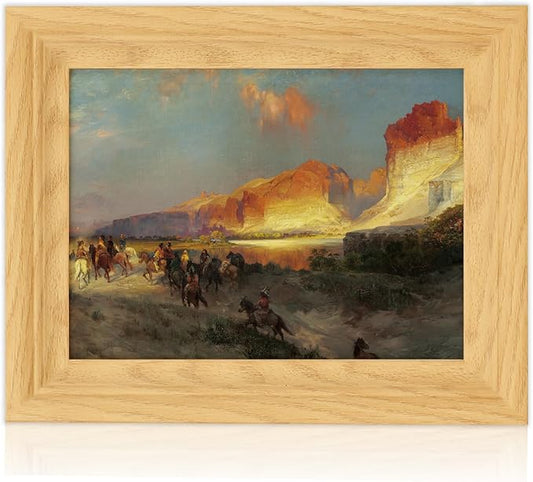 Brivoria Framed Canvas Wall Art Vintage Decor, Rustic Autumn Western Landscape with Canyon, Horse Riders, Red Rocks and Sunset Glow for Entryway Bookshelf Bedroom Office or Tabletop Fall Display, 8x10