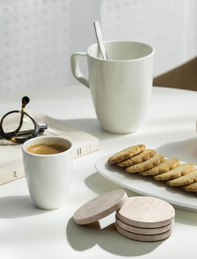 Beige Travertine Coasters Set of 4,Marble Absorbent Coasters 4 '',Ideal for Housewarming Gifts, Anniversaries, Office Decorations - Protects countertops - Sturdy and Durable, Beautiful and Generous