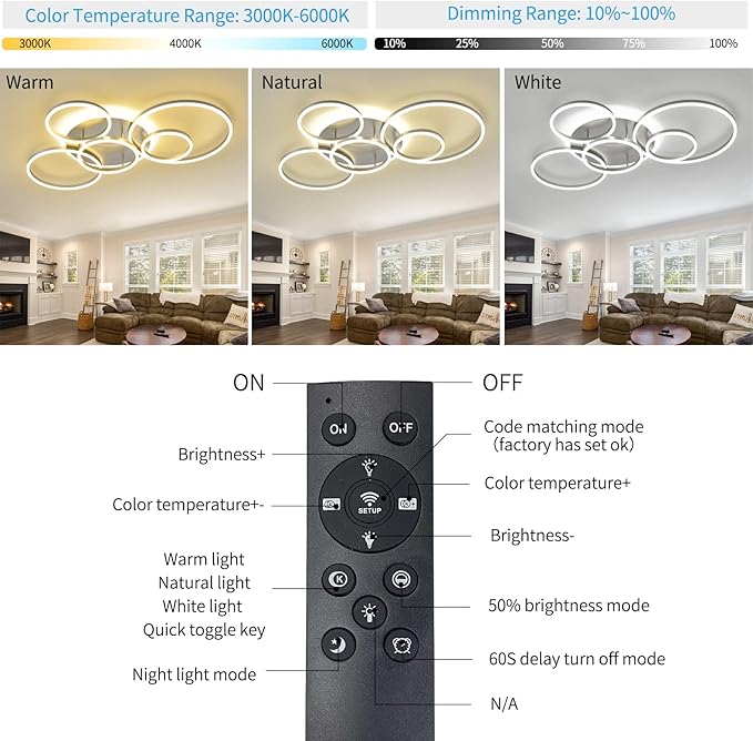 Modern LED Ceiling Light Gold Dimmable 5 Rings Flush Mount Ceiling Light Fixtures with Remote Control 106W 10000LM Ceiling Lighting for Living Room Bedroom Kitchen Dining Room 3000-6000K