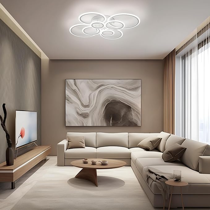 Modern LED Ceiling Light, White 8 Rings Flush Mount Ceiling Light, 4000K Lighting Fixture Ceiling Lamp for Kitchen, Bedroom, Living Room, Dining Room
