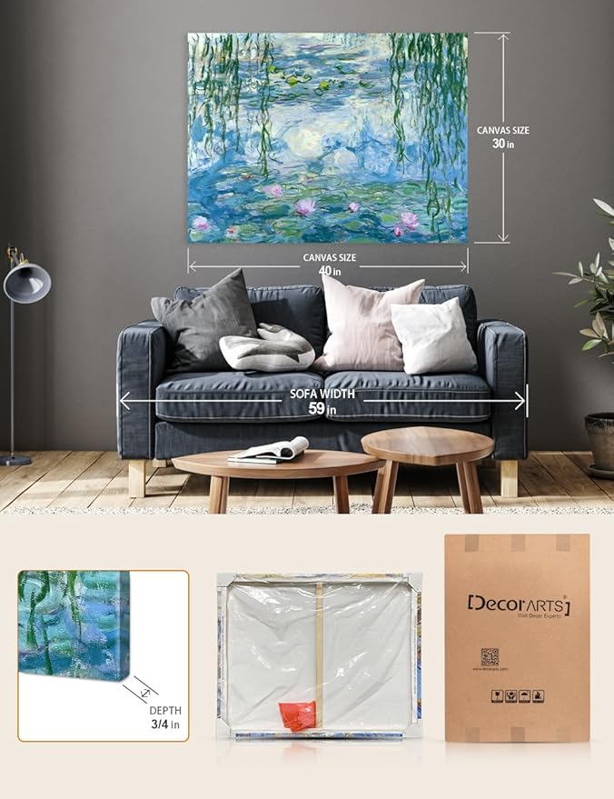 DECORARTS - Water Lilies (1916-1919) by Claude Monet, Museum-Quality Giclee Canvas Print, Wall Art Reproduction, 40" W x 30" H, Made in USA