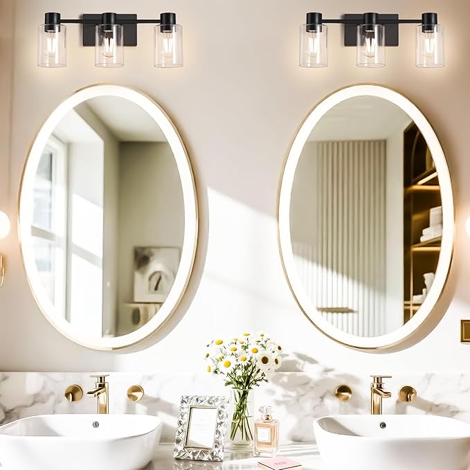 3-Light Matte Black Wall Sconces for Bathroom, Modern Vanity Light Fixtures Over Mirror, Bathroom Light Fixtures with Clear Glass Shade, E26 Wall Sconces for Living Room, Hallway