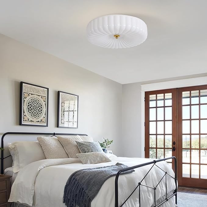 KCO Lighting White Ribbed Glass Flush Mount Ceiling Light Large Milk Glass Ceiling Lights Round LED Semi Flush Mount Ceiling Light Fixture Contemporary Hallway Ceiling Lighting