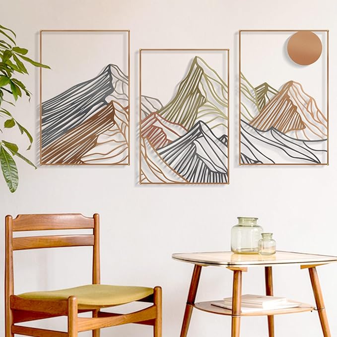 Zzbakress 3 Pcs Colorfor Mountain Metal Wall Decor - Minimalist Sunrise Line Art Abstract Living Room Rustic Bathroom Large Wall Art (Vivid)