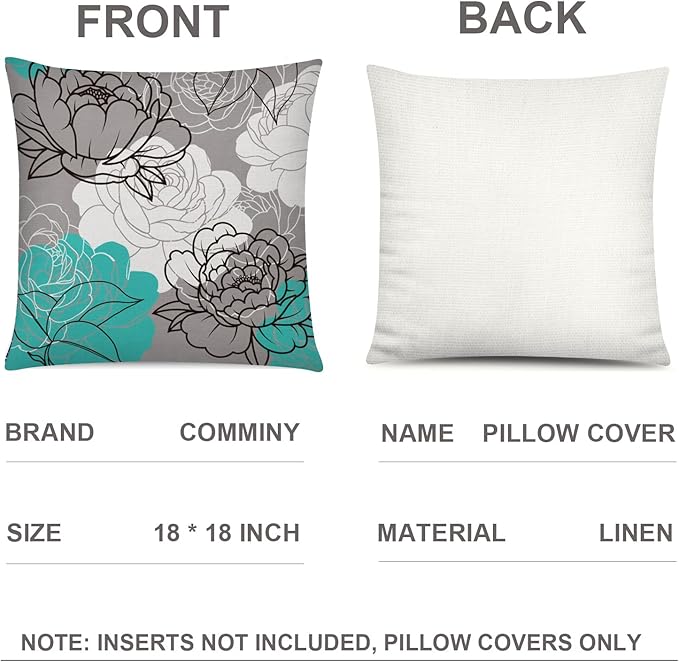 COMMINY Teal Grey Pillow Covers 18x18 Set of 6 Decorative Daisy Flower Throw Pillow Cover for Couch Modern Turquoise Pillow Case for Patio Living Room Cushion Bed Farmhouse Home Decor