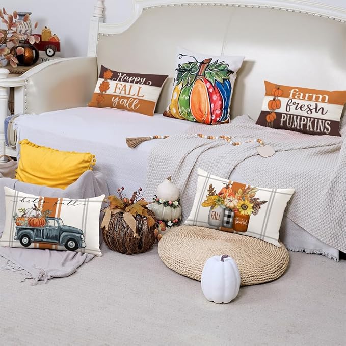 GEEORY Fall Pillow Covers 12 x 20 Inch Set of 4, Happy Fall Y'all Stripes Pumpkins Mason Jar Thankful Decor, Cushion Cases for Farmhouse Home Party Sofa Couch (Brown) G355-12