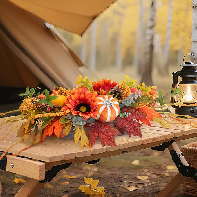 Fall Centerpieces for Tables – 28" Autumn Thanksgiving Table Decoration with Sunflowers, Pumpkins, Apples & Maple Leaves – Rustic Fall Table Decor for Home, Kitchen, Fireplace, Dining Table