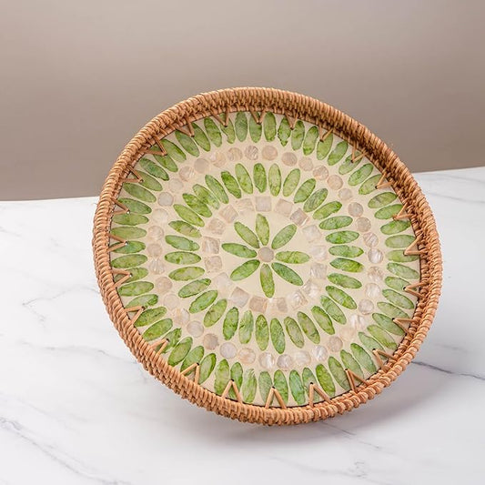 11.8' Wicker Round Rattan Mother of Pearl Serving Basket Tray for Décor Coffee Table | Large Boho Circle Woven Decorative Trays for Outdoor, Home, Kitchen Display (Forest)