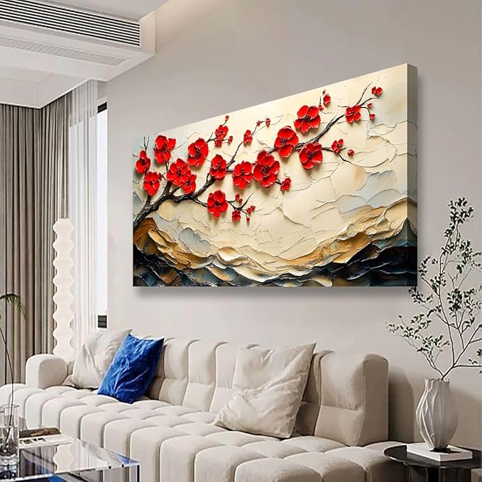 Tree of Life Pictures Canvas Wall Art for Living room Office Bedroom Red Flower Tree Wall Decor,Yellow Abstract Wall Art Print Paintings Modern Plum Blossom Mountain Artwork Ready to Hang-20x40inch
