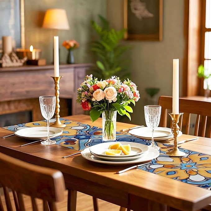 ANNA QUEEN Flowers Table Runner 13 x 72 Inch for Dining Table, Table Runner for Spring & Holiday Dining Decor Indoor Outdoor Party Home Table Decoration (Retro Pattern)