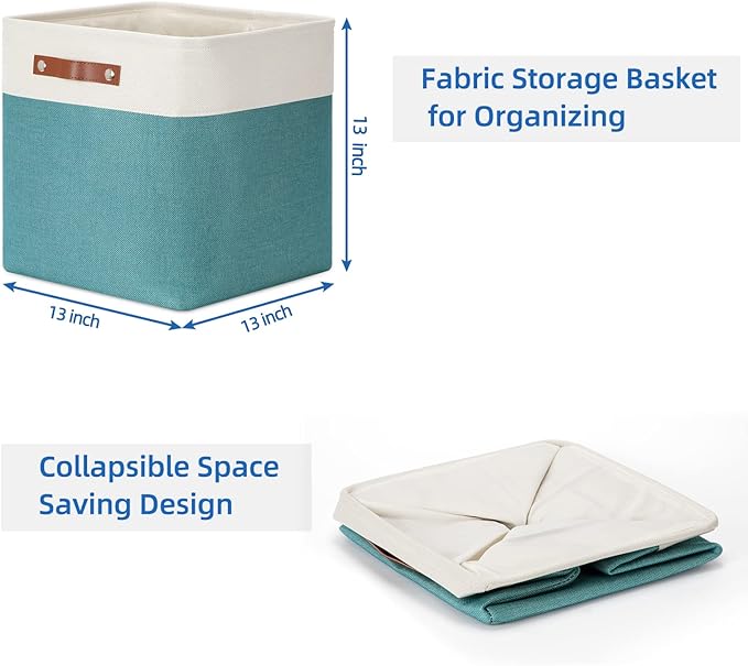Temary Fabric Storage Cubes 13x13 Storage Baskets for Organizing, 4Pack Large Fabric Storage Bins with Handles Cube Storage Baskets for Storage Clothes, Books (White&Teal)