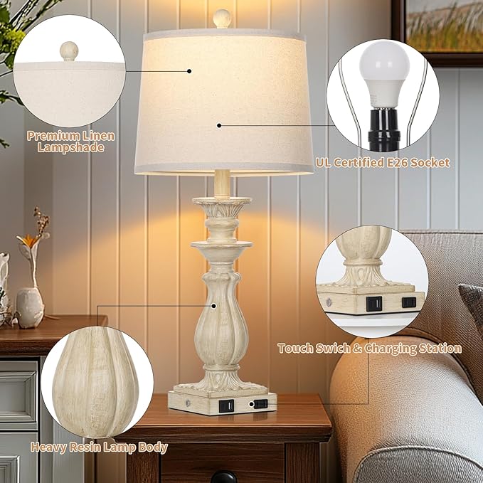 28" Farmhouse Table Lamps Set of 2 for Living Room, 3 Way Dimmable Bedside Lamp with USB C+A Ports & AC Outlet, Resin Vintage Tall Nightstand Lamps for Bedroom Office Hallway, Beige