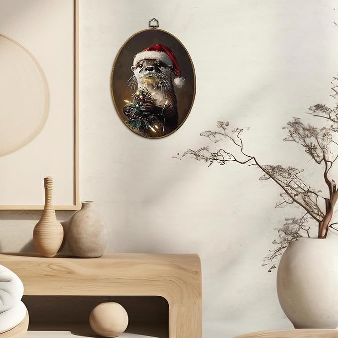 CUANFDDSF Vintage Christmas Otter Oval Wall Art Decor, Dark Academia Santa Otter Wall Hanging Decor, Rustic Holiday Winter Christmas Framed Canvas Prints for Home Bedroom Living Room, 8.6x11.4 Inch