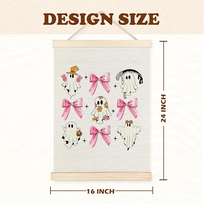 Supwhd Cute Halloween Ghosts Wall Art with Wooden Poster Hanger, Trendy Preppy Pink Bow Coquette Wall Decor, Coquette Preppy Room Decor, Halloween Pictures Wall Decor, 16x24