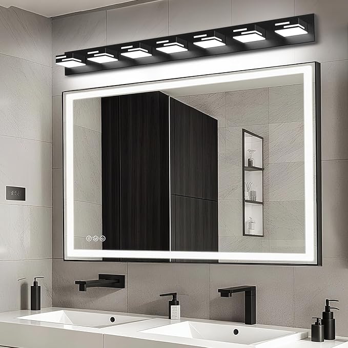 LED Modern Bathroom Vanity Light Fixtures, 7-Light 48-inch Dimmable Matte Black Vanity Lights for Bathroom Lighting Fixtures Over Mirror, with 350° Rotatable Acrylic Heads (Cool White 6000K)
