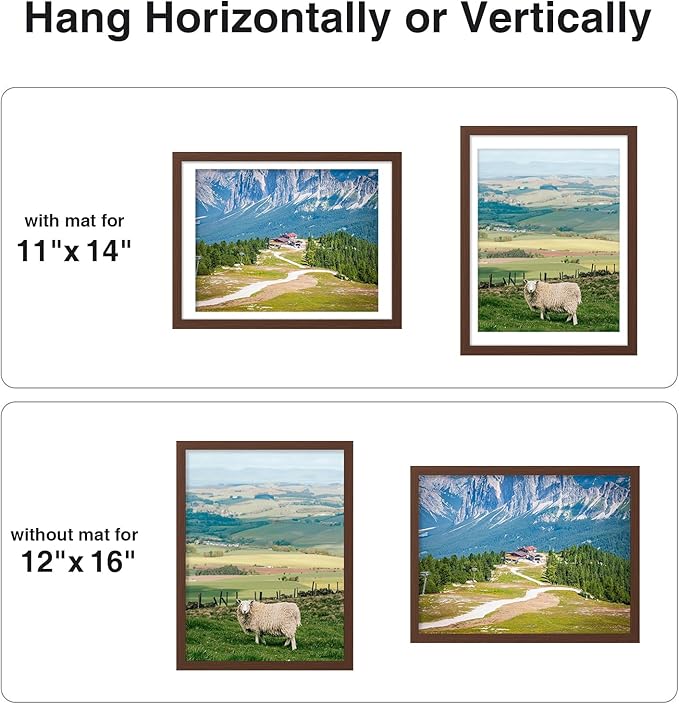 Vittanly 12x16 Picture Frame for Wall, Plexiglass, Displays Poster 11x14 with Mat or 12x16 without Mat, PVC Frame Material, Horizontal or Vertical Hanging, 1 Pack, Brown