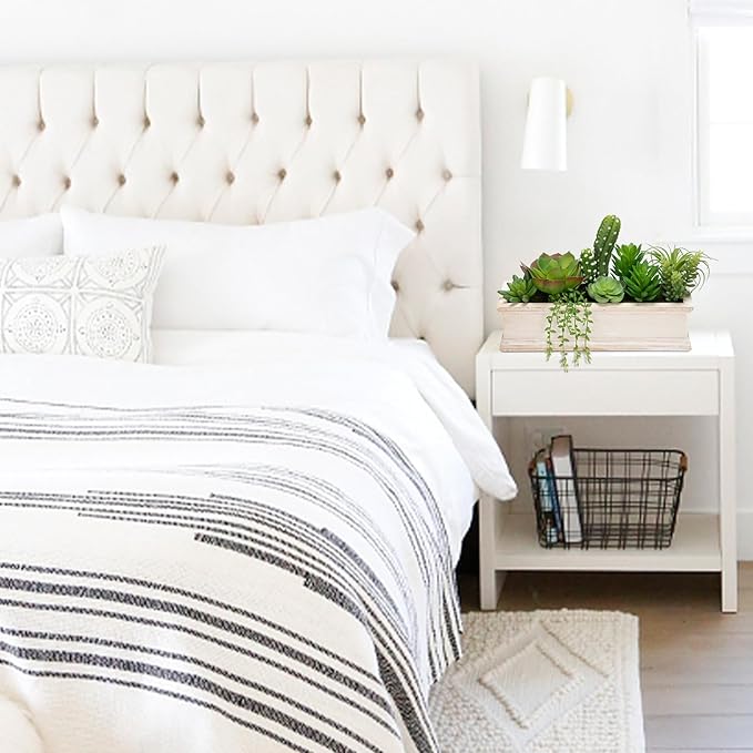 Artificial Succulents Fake Plants in White Rectangular Wooden Pots 12.9"W Artificial Potted Succulents Faux Plants Arrangement for Table Centerpiece Farmhouse Shelf Mantel Tropical Greenery Decor