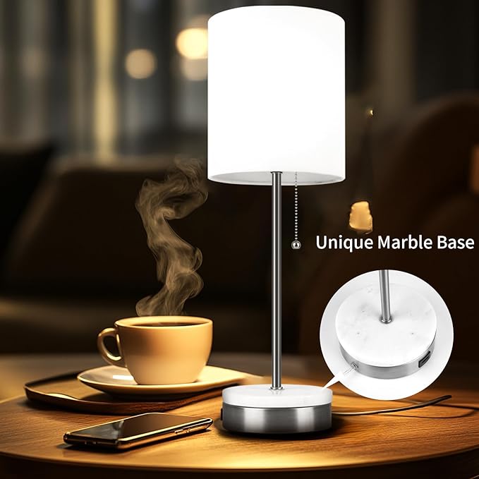 Marble Table Lamp, Bedside Lamps with Pull Chain for Bedroom, Lamp for Night Stands with USB Ports and Square Shade for Living Room Home Decor, Bulb Included