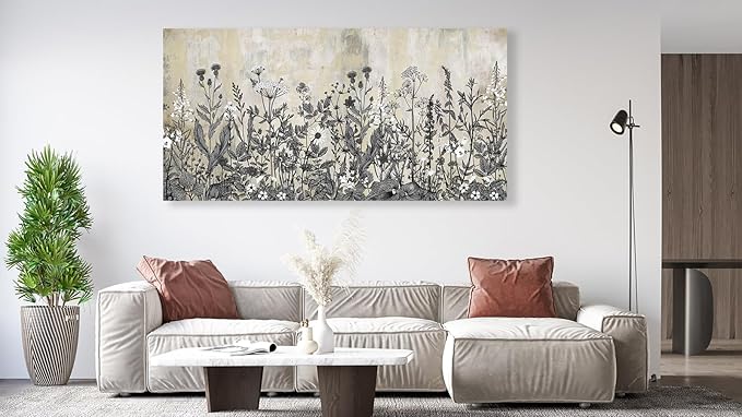NINEASO Botanical Canvas Wall Art - Wildflower Pictures Vintage Grey Brown Floral Wall Decor Rustic Beige Print Flower Plants Painting Artwork for Living Room Bedroom Home Office Decorations 24" x 48"