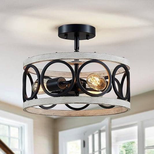 XINGQI Modern Farmhouse Ceiling Light Drum 3-Light Farmhouse Ceiling Lighting Fixture White Wood Grain Finish Semi Flush Mount Ceiling Lights 13” Metal Round Ceiling Lamp for Bedroom Entryway