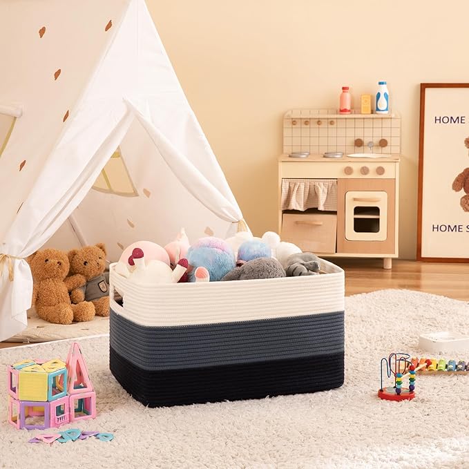 OIAHOMY 108L Large Cotton Rope Basket, Rectangle Woven Baskets for Storage, Nursery Blanket Storage Living Room, Toy Basket With Handle-25”x16”x16”-Gradient Blue