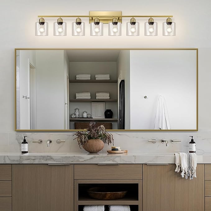 8 Light Bathroom Light Fixtures Gold, Brushed Gold Vanity Lights for Bathroom with Clear Glass, 51 inch Wall Sconce for Oversized Mirrors Living Room Bedroom Hallway E26 Base