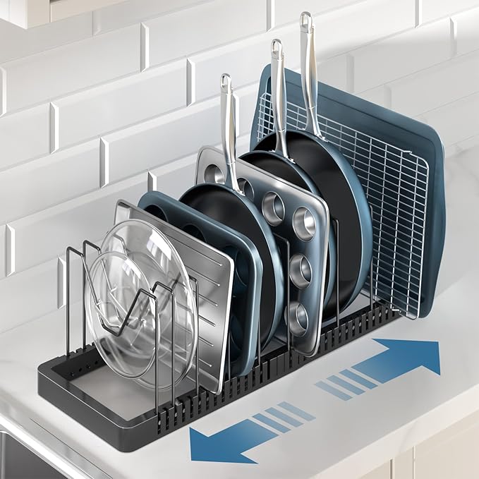 Pots and Pans Organizer under Cabinet, Expandable Pot Lid Organizer Holder with 10 Adjustable Compartment, Pan Organizers inside Cabinet for Lids, Bakeware, Kitchen Storage Pot Rack, Black